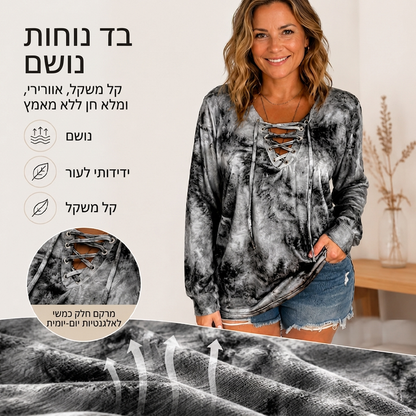 חולצת נשים עם הדפס טיי-דיי, קשירה וצוואר V