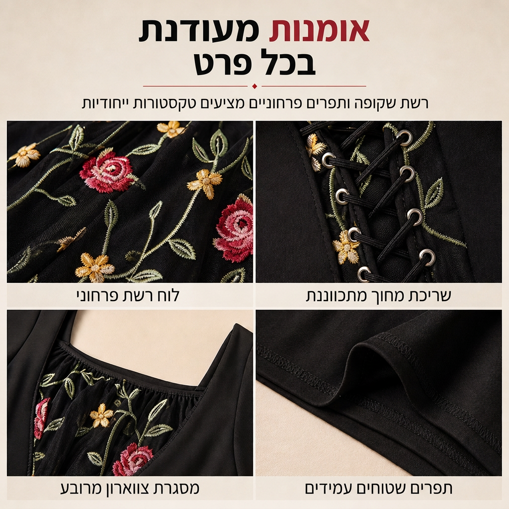 שמלת מקסי שחורה עם שרוולים ארוכים, צוואר מרובע, קורסט עם שרוך ופאנל רשת רקום בפרחים