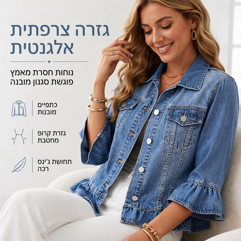 מעיל ג'ינס קצר לנשים עם שולי קפלים