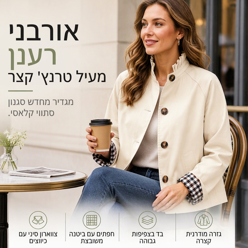 מעיל טרנץ' קצר מעוצב ומלוטש לנשים