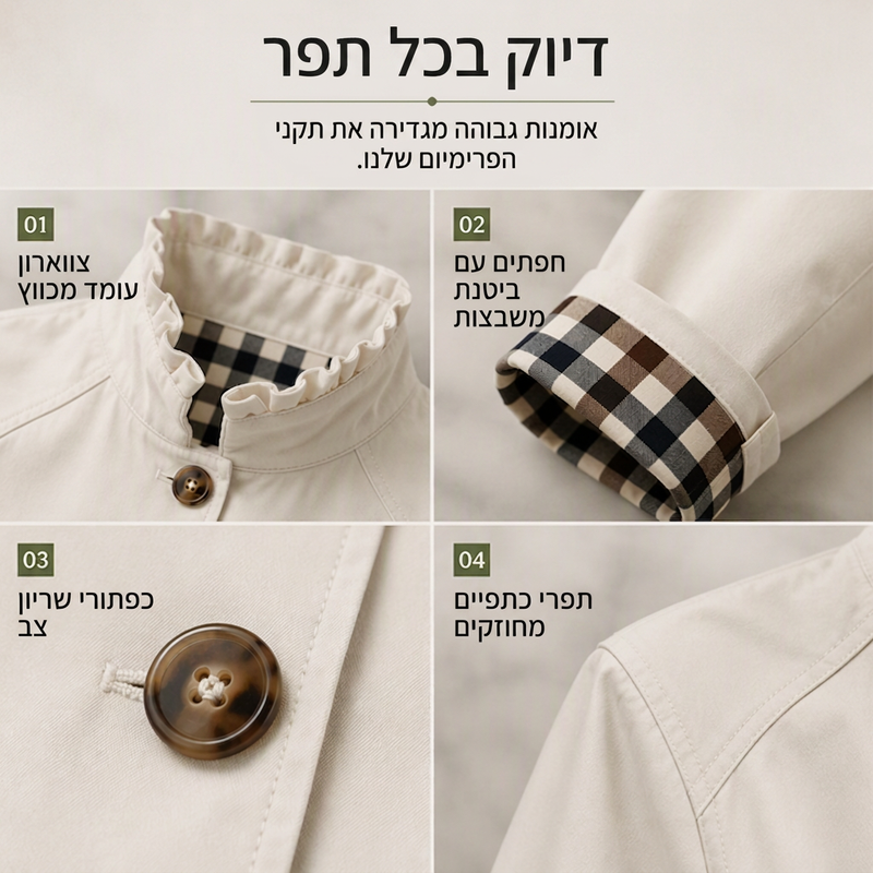 מעיל טרנץ' קצר מעוצב ומלוטש לנשים