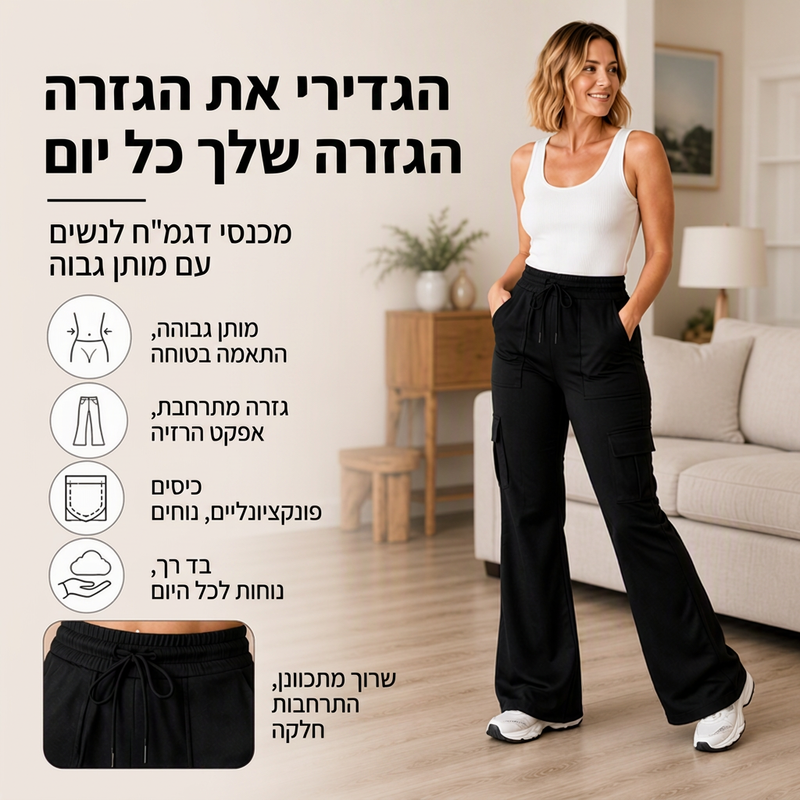 מכנסי נשים פלר קארגו עם מותן גבוה וחוט משיכה