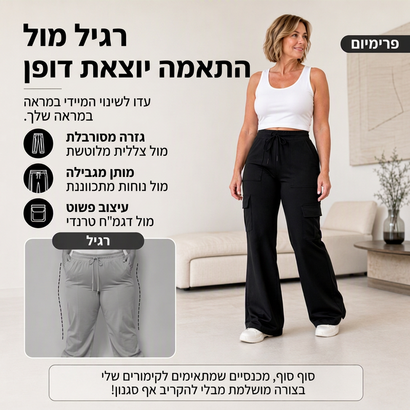 מכנסי נשים פלר קארגו עם מותן גבוה וחוט משיכה