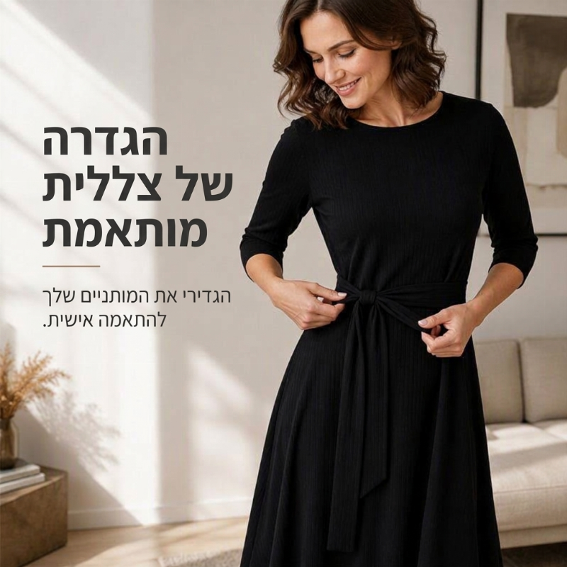 שמלת מידי A-ליין לנשים בסריג מרוקן עם צווארון עגול, שרוולים 3/4 וכיסים