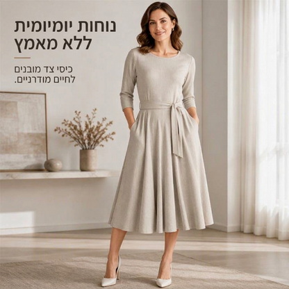 שמלת מידי A-ליין לנשים בסריג מרוקן עם צווארון עגול, שרוולים 3/4 וכיסים