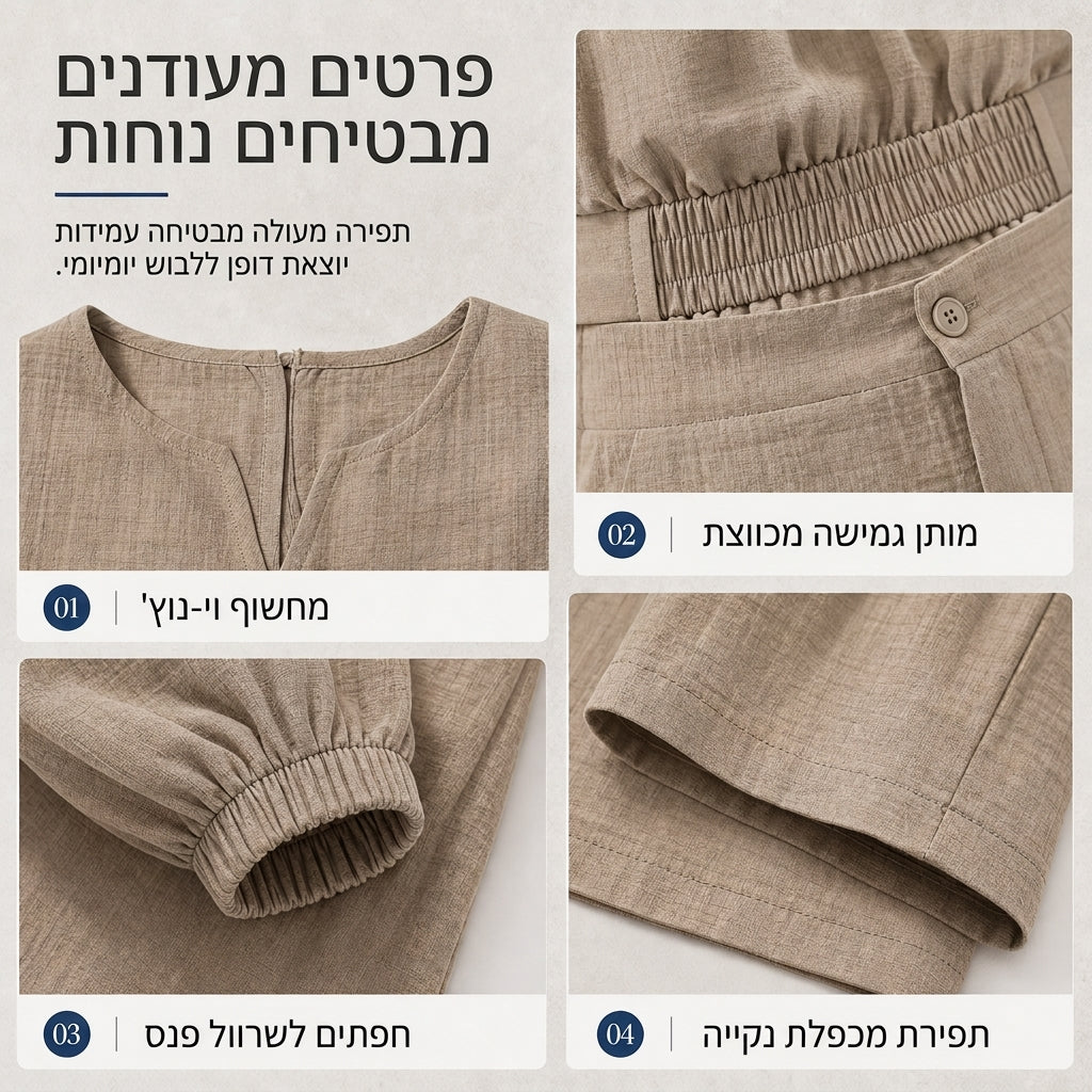 סט טופ קצר נשים קז'ואל עם צווארון V ושרוולי פנס ומכנסיים רחבי רגל בגובה גבוה