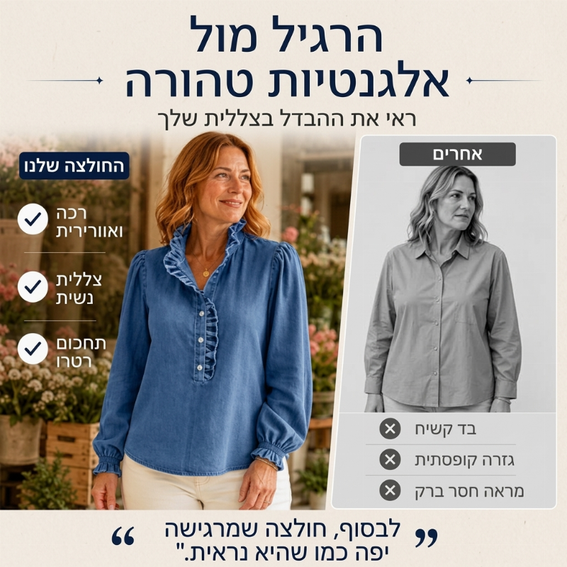 חולצת ג'ינס לנשים עם צווארון פרוף ושרוולים תפוחים