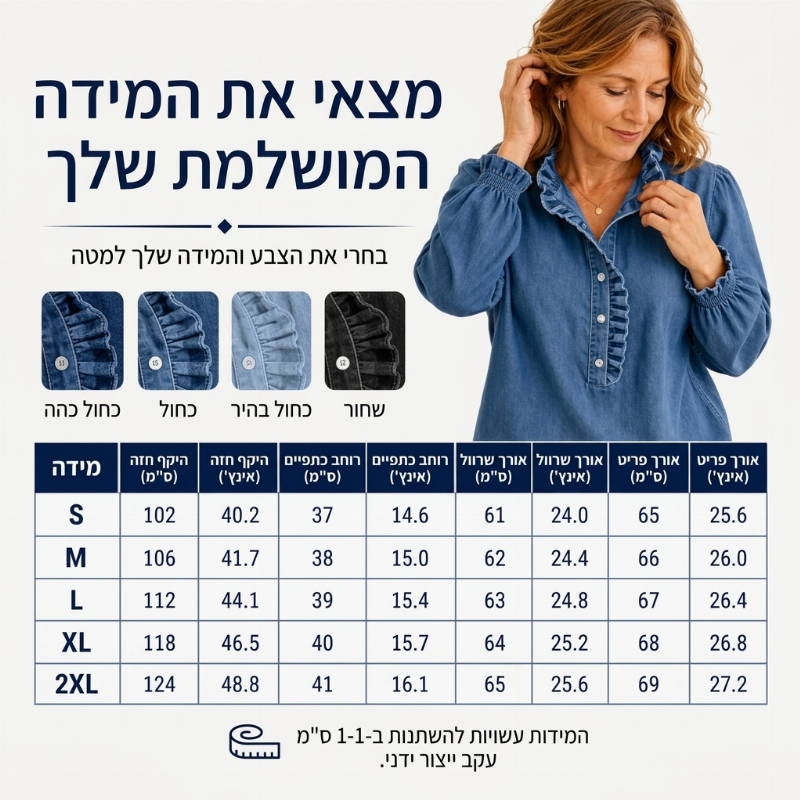 חולצת ג'ינס לנשים עם צווארון פרוף ושרוולים תפוחים