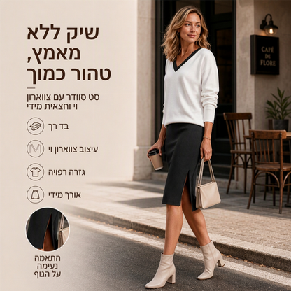 סט לנשים: חולצה צווארון V עם שרוולים ארוכים וחצאית מרופדת