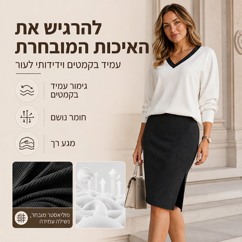סט לנשים: חולצה צווארון V עם שרוולים ארוכים וחצאית מרופדת