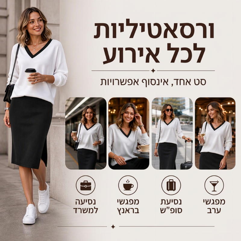 סט לנשים: חולצה צווארון V עם שרוולים ארוכים וחצאית מרופדת