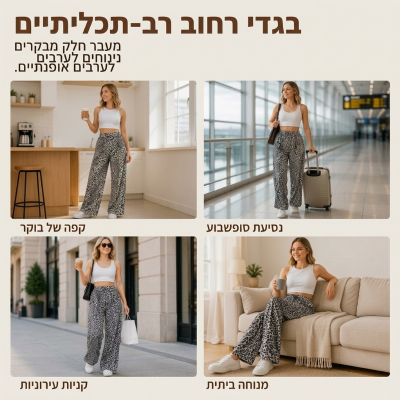 מכנסיים נשים רחבים ישרים עם הדפס נמר אופנתיים