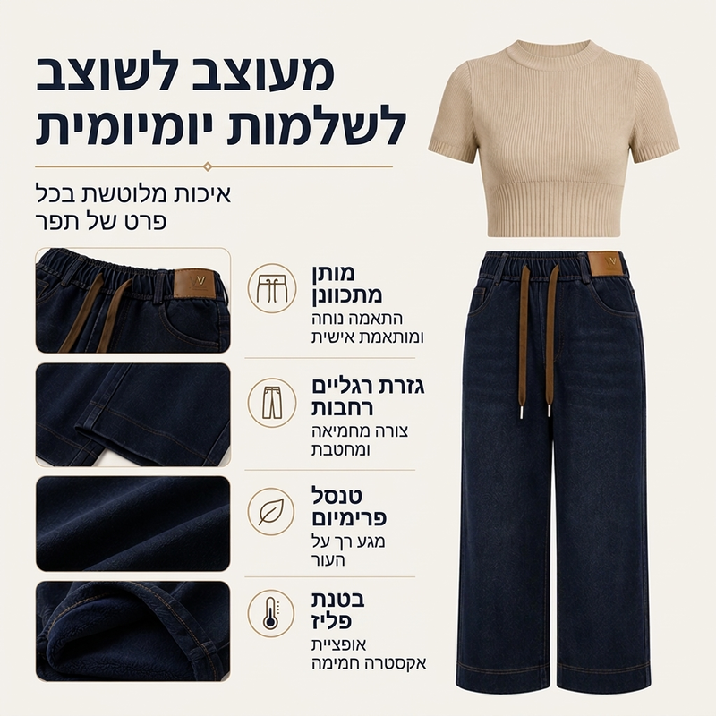 ג'ינס נוח לנשים עם שרוך למותניים וחתך רחב בגוון כחול כהה
