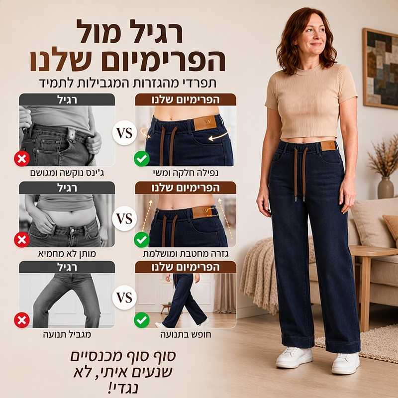 ג'ינס נוח לנשים עם שרוך למותניים וחתך רחב בגוון כחול כהה