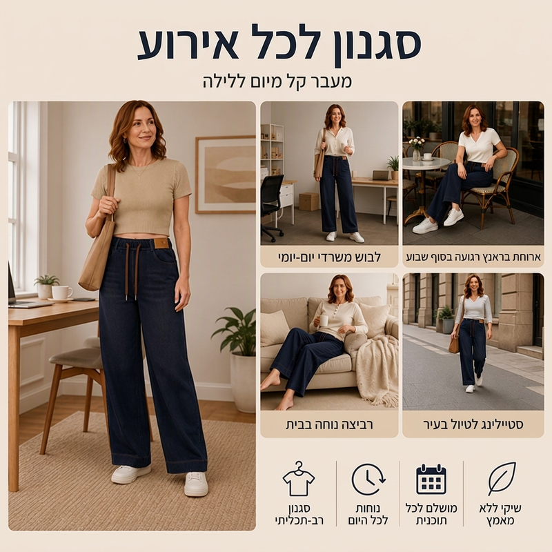 ג'ינס נוח לנשים עם שרוך למותניים וחתך רחב בגוון כחול כהה