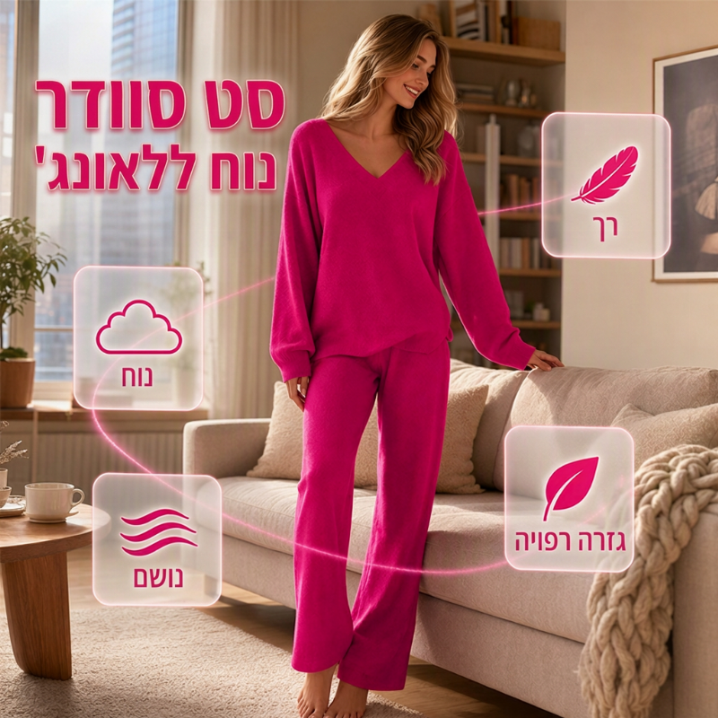 סט סוודר סריג לנשים עם צווארון V ומכנסיים רחבים