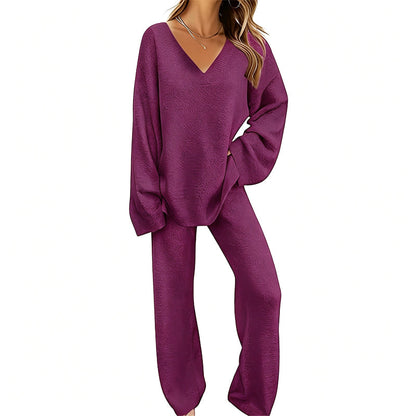 סט סוודר סריג לנשים עם צווארון V ומכנסיים רחבים