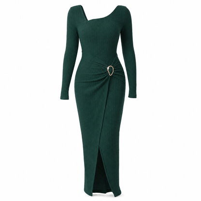 שמלת מידי ארוכה לנשים לסתיו וחורף, בעלת מרקם סרוג בצבע אחיד עם מחשוף לא סימטרי