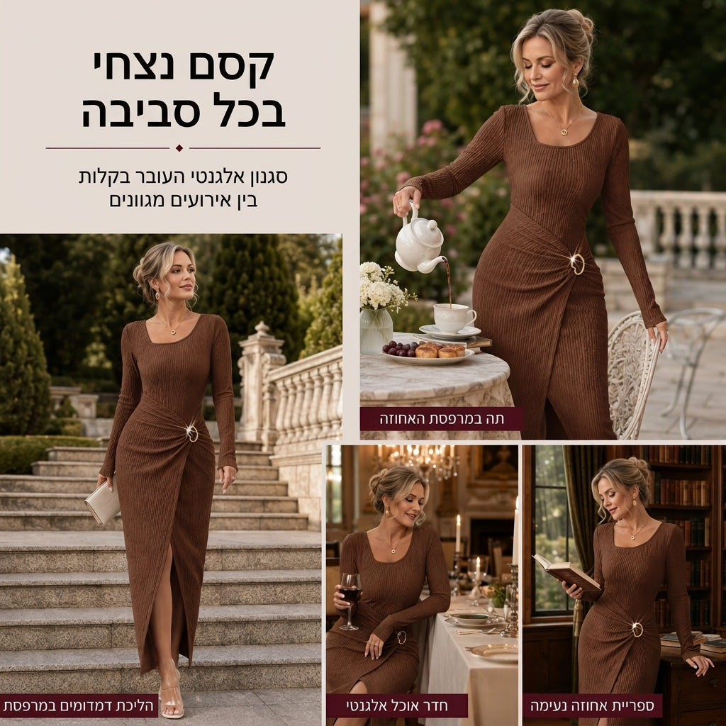שמלת מידי ארוכה לנשים לסתיו וחורף, בעלת מרקם סרוג בצבע אחיד עם מחשוף לא סימטרי