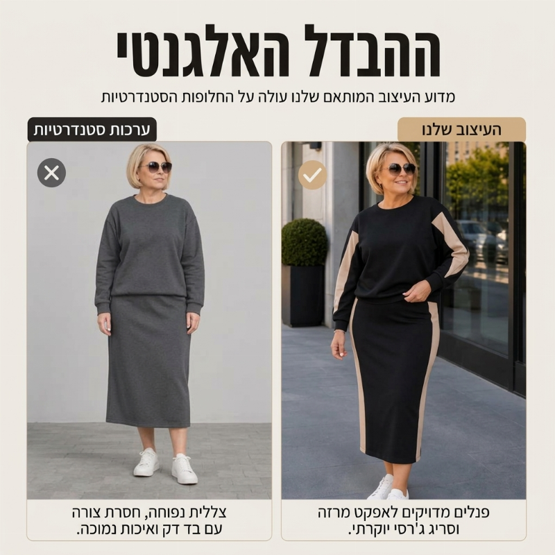 סט נשים סרוג שתי חלקים: סווטשירט וחצאית מידי