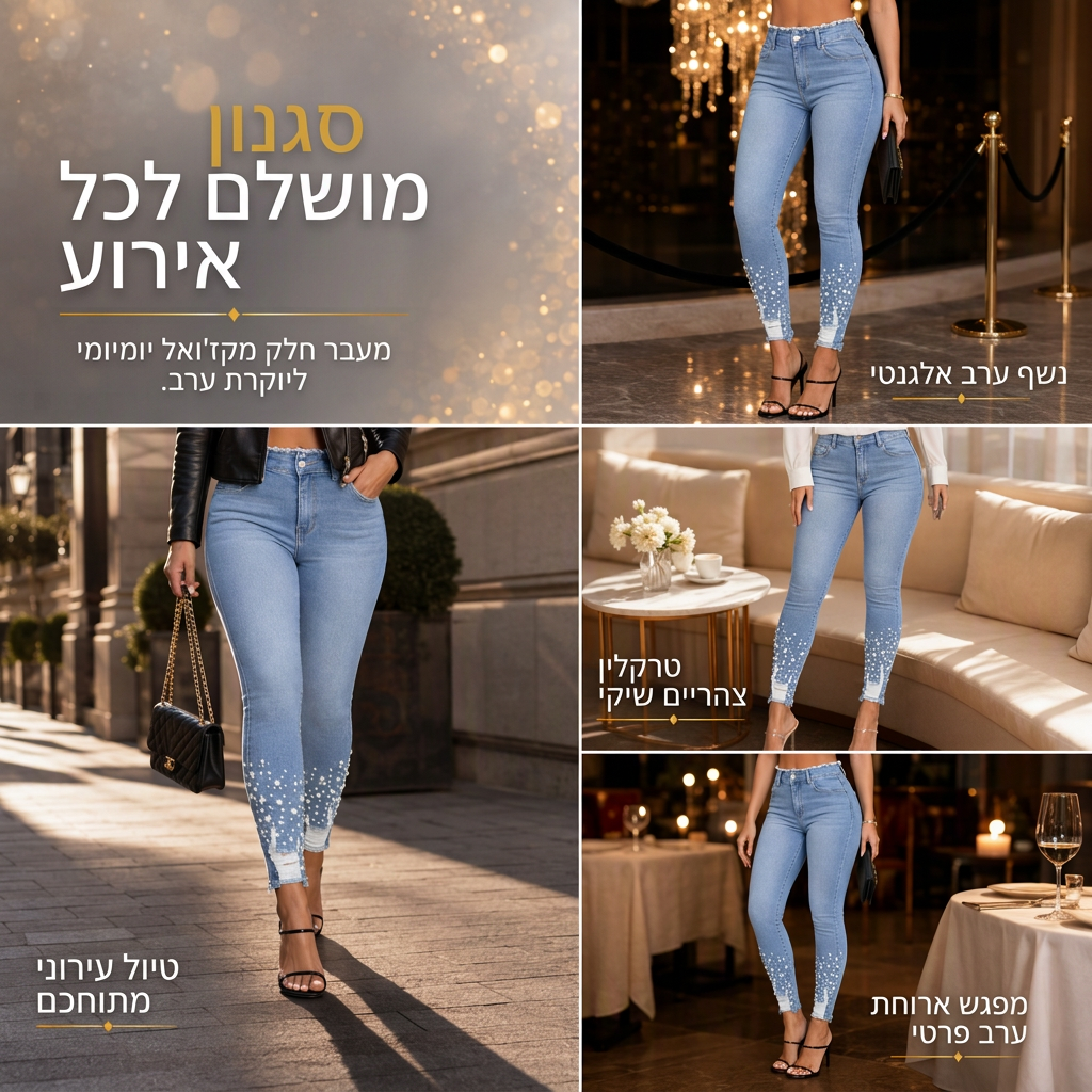 ג'ינס סקיני צמוד לנשים בצבע תכלת בהיר, מעוטר בפנינים, עם מותג גולמי מרופט וחלקי קרסול מרופטים וקרועים