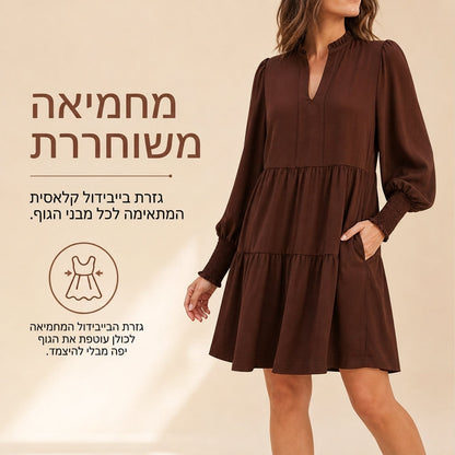 שמלת מיני לנשים עם מחשוף V, שכבות וסלסולים