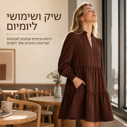 שמלת מיני לנשים עם מחשוף V, שכבות וסלסולים