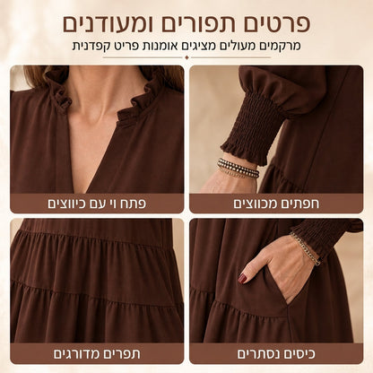 שמלת מיני לנשים עם מחשוף V, שכבות וסלסולים