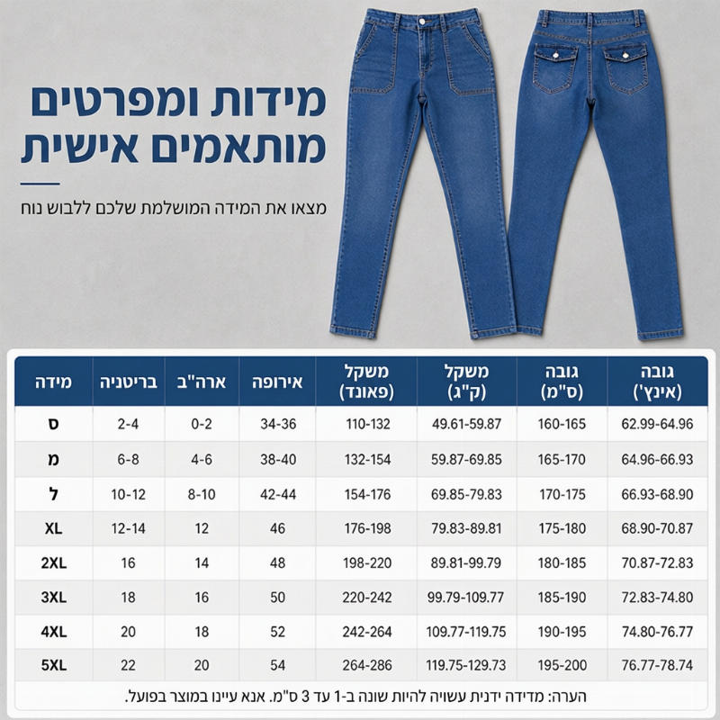 ג'ינס נוחות בעל מתיחה ובמותן גבוהה לנשים