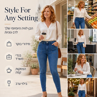 ג'ינס נוחות בעל מתיחה ובמותן גבוהה לנשים