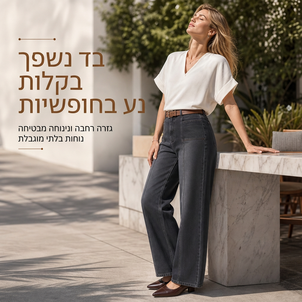מכנסי ג'ינס רחבי רגליים במותן גבוה לנשים