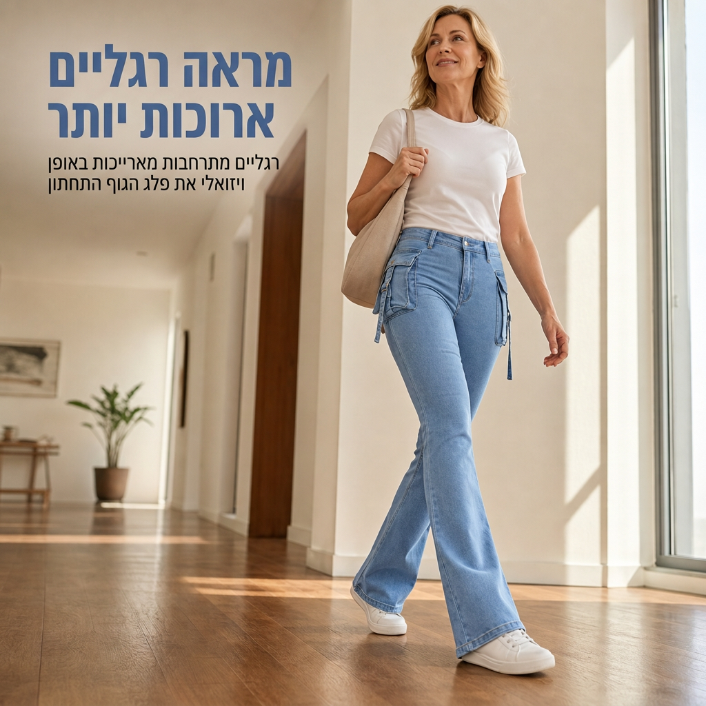 ג'ינסים קארגו פלר לנשים עם גמישות גבוהה, חיתוך צר וכיסי דש