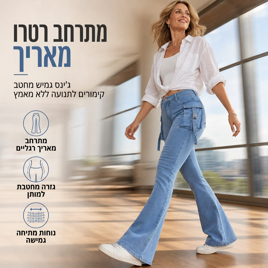 ג'ינסים קארגו פלר לנשים עם גמישות גבוהה, חיתוך צר וכיסי דש