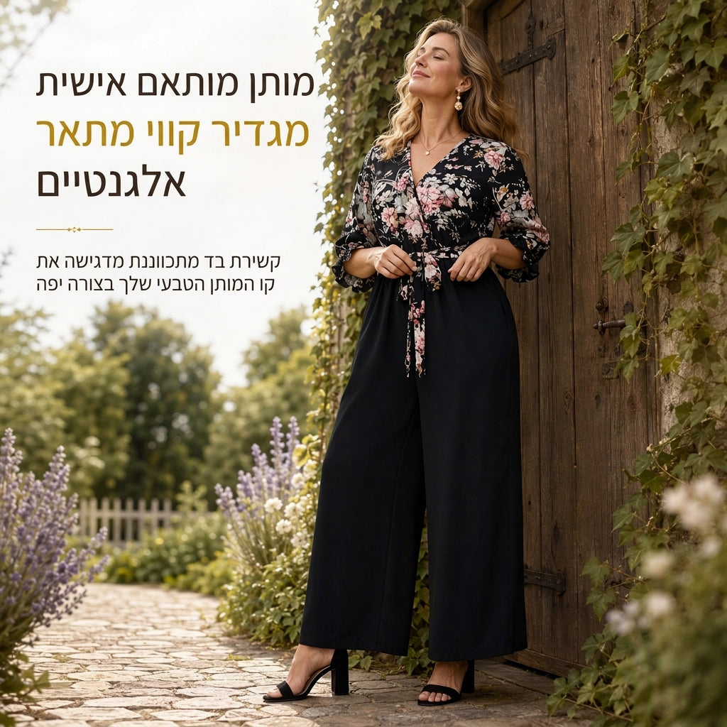 ביגוד אוברול אלגנטי בהדפס פרחוני, עיצוב מעטפת עם מחשוף V, מכנסיים רחבים, עם קשירת מותן ושרוולים מתנפחים באורך 3/4