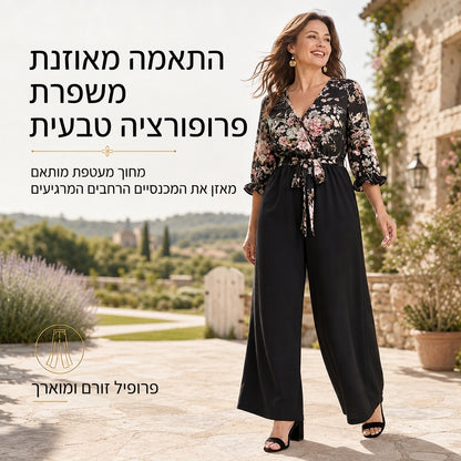 ביגוד אוברול אלגנטי בהדפס פרחוני, עיצוב מעטפת עם מחשוף V, מכנסיים רחבים, עם קשירת מותן ושרוולים מתנפחים באורך 3/4