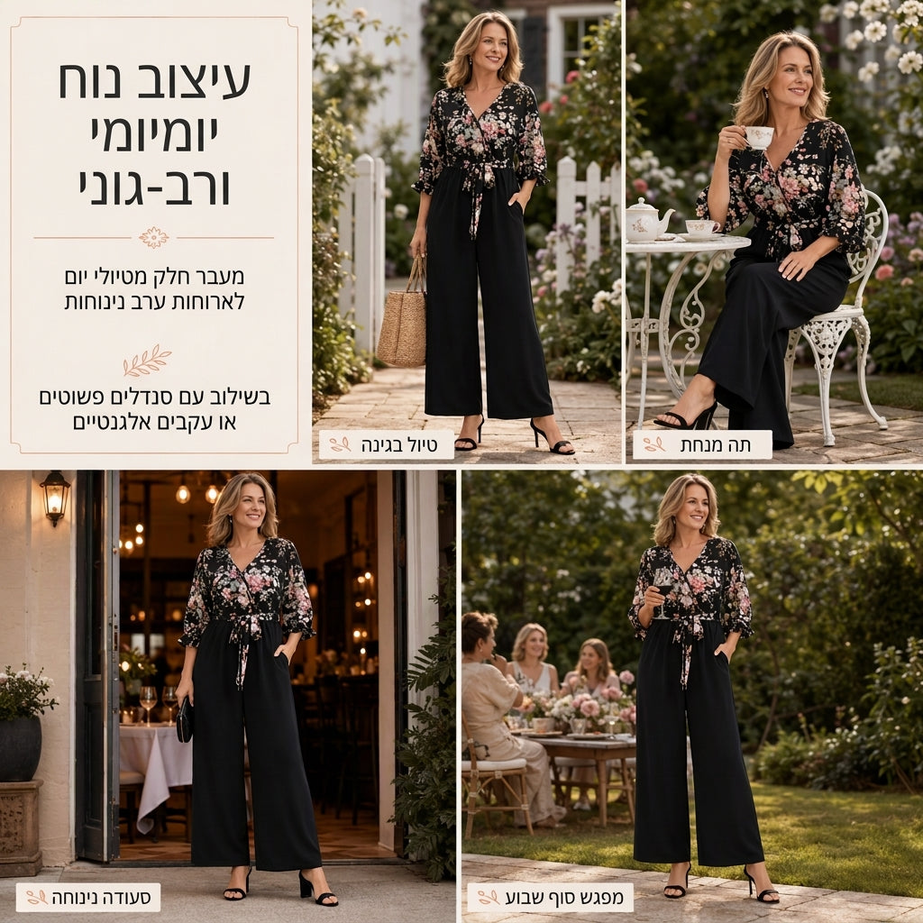 ביגוד אוברול אלגנטי בהדפס פרחוני, עיצוב מעטפת עם מחשוף V, מכנסיים רחבים, עם קשירת מותן ושרוולים מתנפחים באורך 3/4