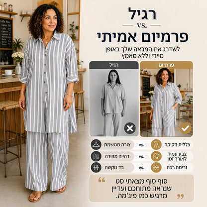 סט חולצת פסים מוארכת ונשים ומכנסיים רחבים