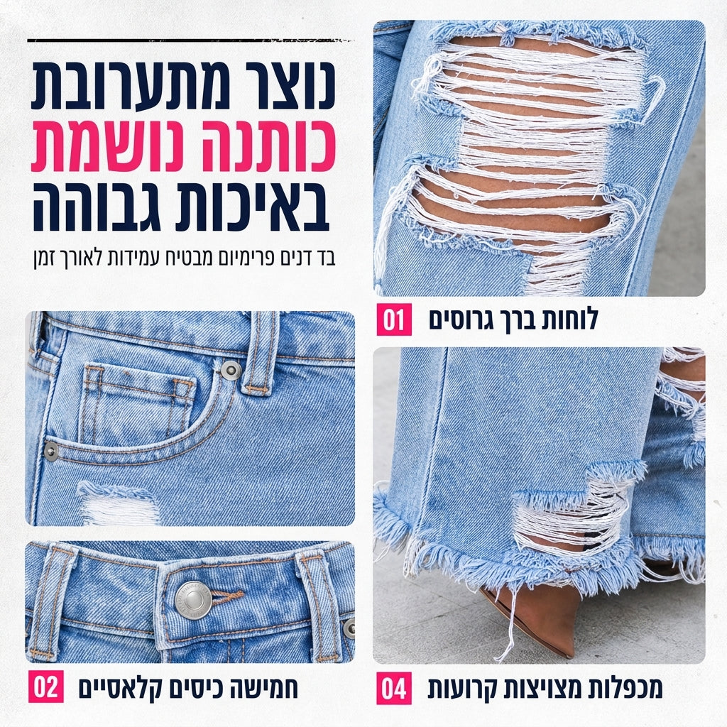 ג'ינס מכנסיים ישרות לגזרת נשים עם קרעים ועיצוב מרופט