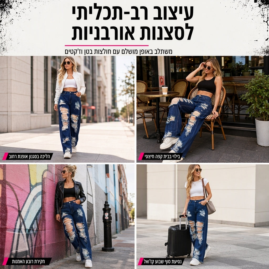 ג'ינס מכנסיים ישרות לגזרת נשים עם קרעים ועיצוב מרופט