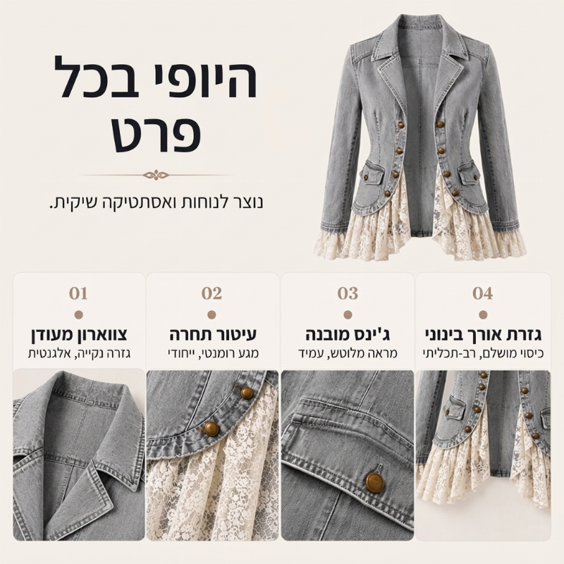 ז'קט ג'ינס לנשים עם צווארון חריץ ושוליים תחרה