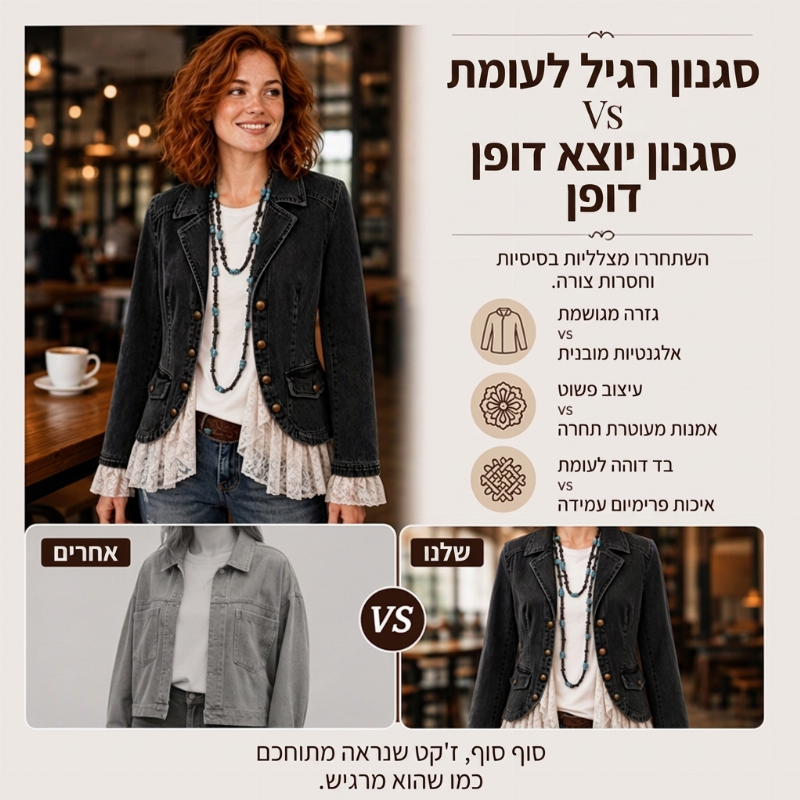ז'קט ג'ינס לנשים עם צווארון חריץ ושוליים תחרה