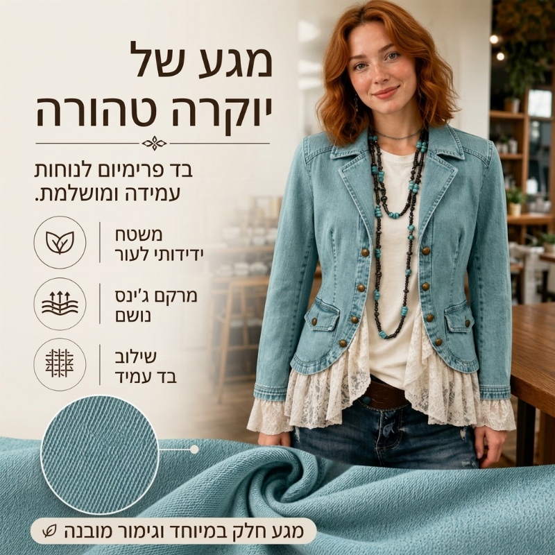 ז'קט ג'ינס לנשים עם צווארון חריץ ושוליים תחרה