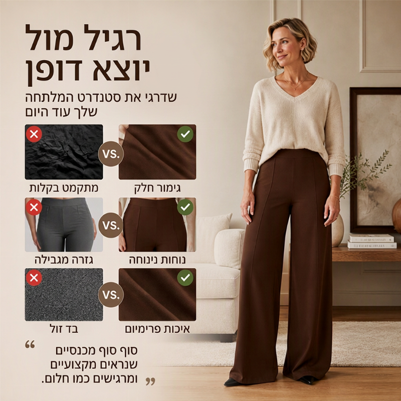 מכנסיים קז'ואליות עם מותן גבוה ורגליים רחבות לנשים