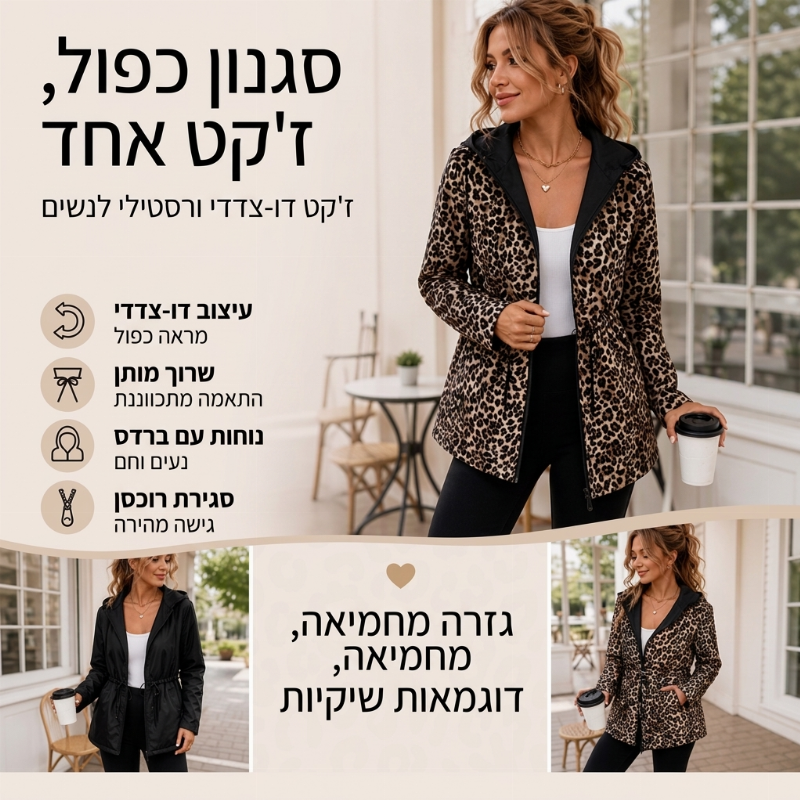 מעיל ברדס הפיך לנשים בדולח נמר