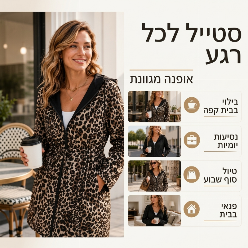 מעיל ברדס הפיך לנשים בדולח נמר