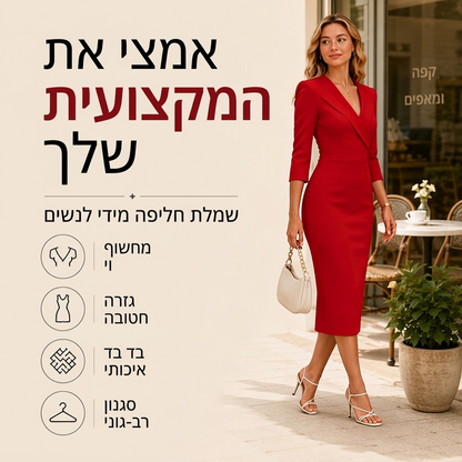 שמלת בלייזר לנשים עם צוואר V ושרוולים באורך 3/4