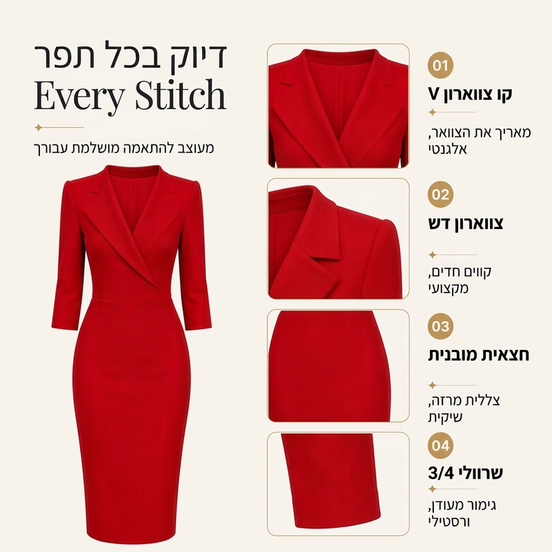 שמלת בלייזר לנשים עם צוואר V ושרוולים באורך 3/4