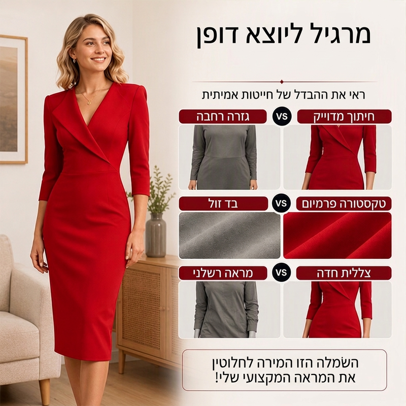 שמלת בלייזר לנשים עם צוואר V ושרוולים באורך 3/4