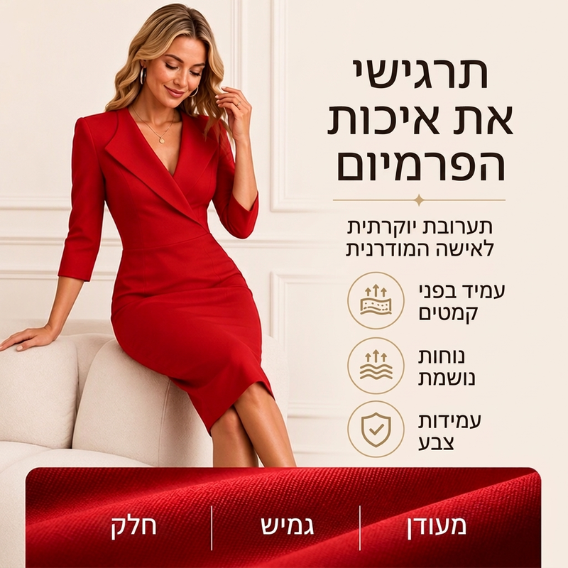 שמלת בלייזר לנשים עם צוואר V ושרוולים באורך 3/4
